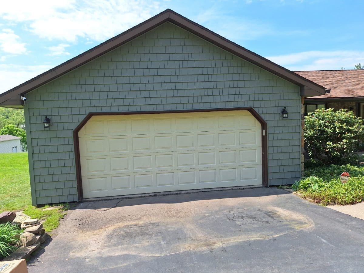 A newly-sided home garage.